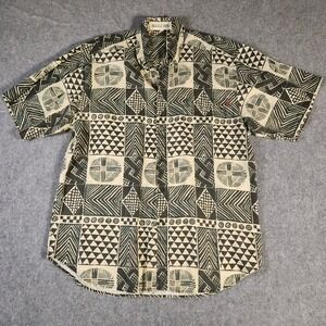 Bugle Boy Shirt Mens XL Vintage Black Cream Tribal Geometric Button Down
